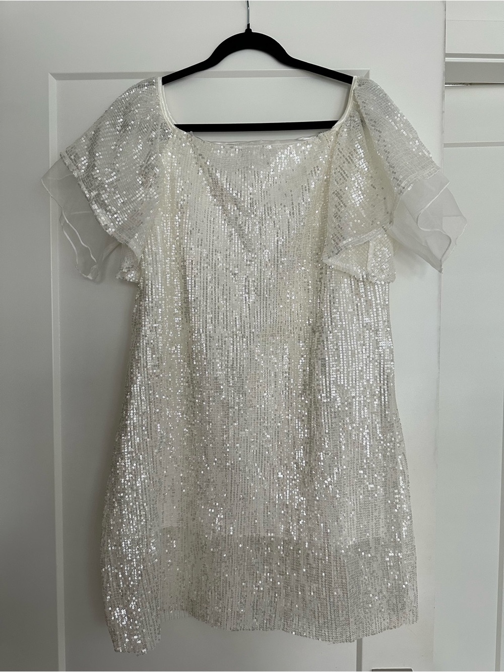 White Sequin Flutter Sleeve Dress Size M